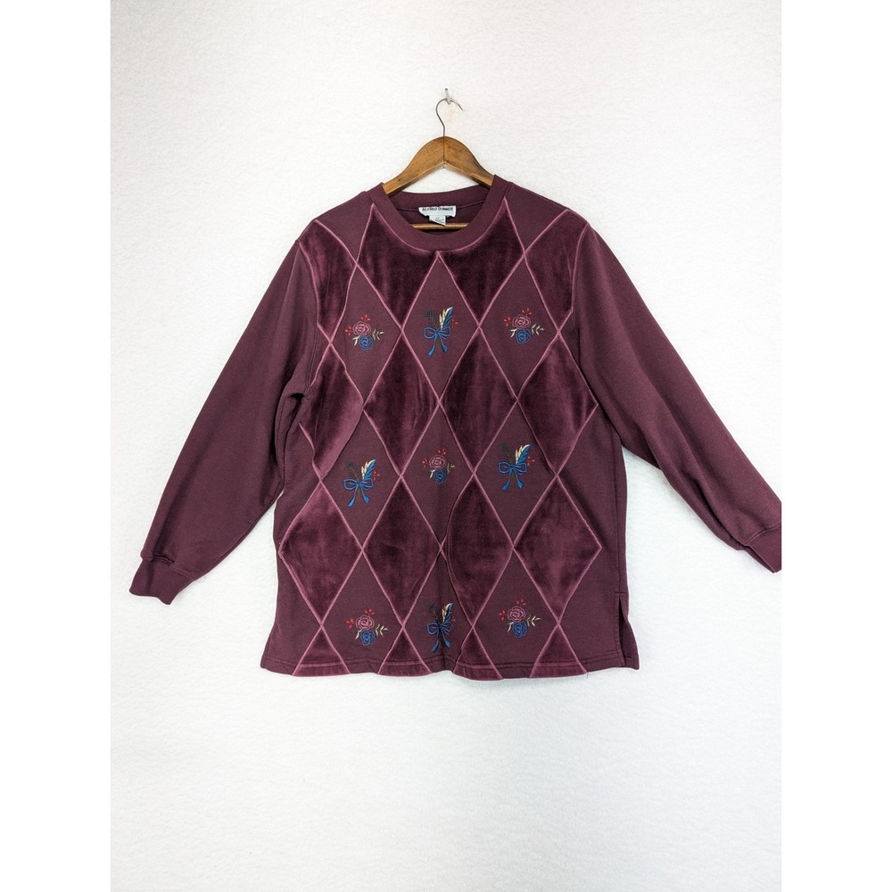 Alfred Dunner Women's Purple Argyle Velvet Embroidered Sweater 2X‎